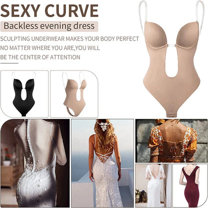 Invisible Bodysuit Women Thong Shaper Body Shapewear Sexy Deep V-Neck Backless Corset Plunge Padded Push up Slimming Underwear